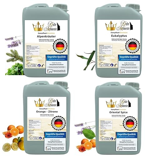 Dufte Momente | Dampfbad Emulsion 4 x 3 Liter | freie Wahl aus 28 Düften | mit naturreinen und natürlichen ätherischen Ölen | gebrauchsfertig | vegan und ohne Tierversuche