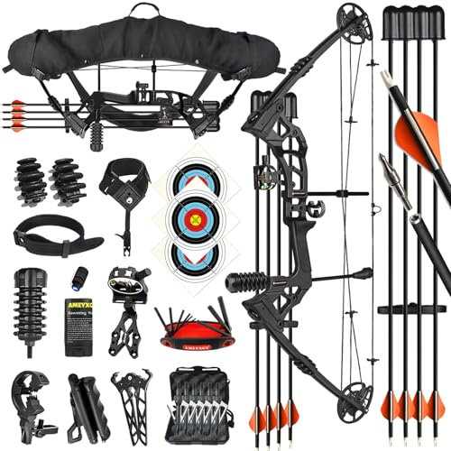 ZSHJGJR Compoundbogen Set Für Erwachsene - Jagdbogen mit Pfeilen und Zubehör - 0-70 lbs Verstellbarer Erwachsenen Bogen - 320 FPS & 33 Zoll Kompakt (Schwarz)