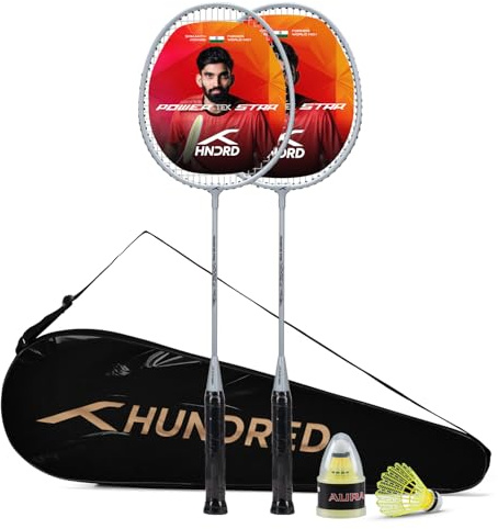 Hundred Powertek Star Badminton Racket Set of 2, White, Pre-Strung Racquets with Full Cover and 2 Nylon Shuttlecocks, Lightweight and Durable for Beginners and Recreational Play