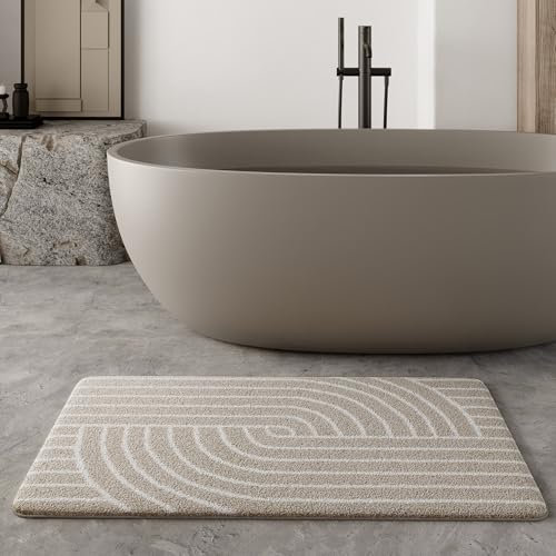 Wecon Home Hilda – Moderner Retro-Badteppich mit Rutschfester Rückseite, Standard 100 by Oeko-TEX Zertifiziert & maschinenwaschbar – Weich, pflegeleicht & stilvoll fürs Badezimmer (55 x 65 cm, beige)