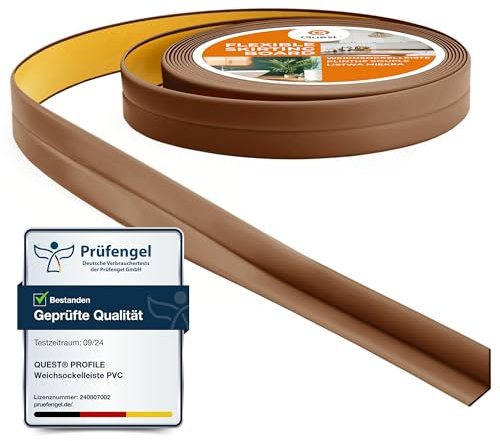Quest Plinthe Souple Adhésive - 10 mm x 10 mm - 5 mètres - Moulure de finition pour cuisine salle de bain - Ruban d'étanchéité PVC - Flexible Etanche (Marron, 5 mètres)