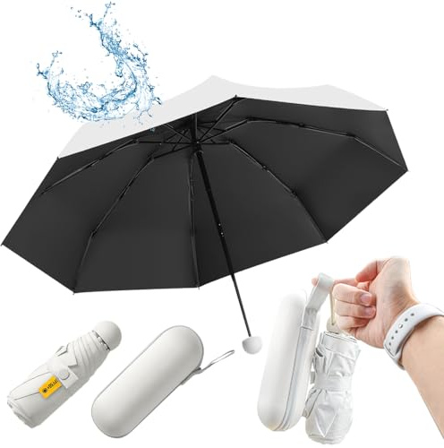 UHETLET Mini Paraguas Plegable con Protección UV 50+ y Antiviento, Paragua Plegable Pequeño con 8 Varillas, Unisex Paraguas Compacto de Viaje Ligero - Portátil en Estuche