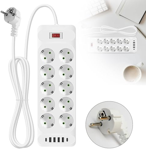 Mehrfachsteckdose mit USB C, 10 Fach Steckdosenleiste Überspannungsschutz, Steckdosenleiste mit Schalter und 2M Kable, Mehrfachstecker Steckdose Flachstecker, Steckerleiste Wandmontage, Weiß