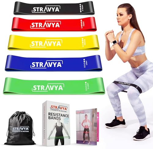 STRAVYA Resistance Bands Set of 5 – Elastic Exercise Band for Home Gym, Pilates, Stretching, Strength Training – Fitness Equipment with Varying Resistance Levels - Carry Bag Included