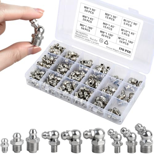 DODUOS 170 Pezzi Set di Ingrassatori,Grasso Raccordo Assortimento M6 M8 M10 Ingrassatori Testine 45°90°180° in Dritto e Angolato per Veicoli, Agricoli e Macchinari Industriali,con Scatola Portaoggetti