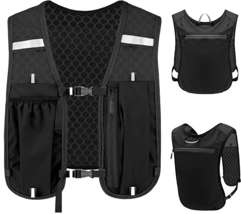 PYEUIFT Chaleco Running Hombre Y Mujer, Mochila Hidratación Transpirable, Reflectante, con Bolsillo Trasero para Bolsa De Agua 1.5L, para Trail Running, Senderismo, Maratón
