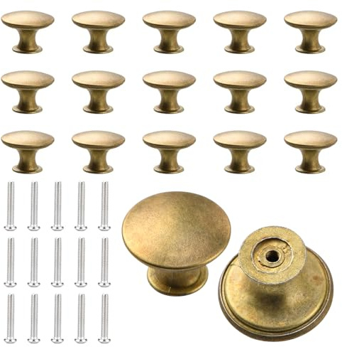 MIPIACE Lot de 15 Vintage Chic en Laiton Antique avec 15 Vis Rond Boutons D'armoire Boutons de Meubles en Or Bouton de Meuble Poignees de Porte de Cuisine Ronds pour Cuisine Armoire Placard Tiroir