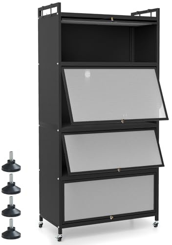 GIANTEX Aparador Buffet de Cocina con 4 Compartimentos, Armario de Metal con Puertas Abatibles, 4 Ganchos y 4 Ruedas y 4 Patas, Kit Antivuelco, 80,5x40x162cm, Estantería para Comedor, Salón (Negro)