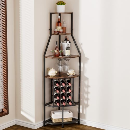 Yorbay Botellero Esquinero Independiente de 5 Niveles: Botellero de Suelo con Soporte para Copas y Botellas de Vino - Estante Industrial de Metal y Madera para Bar Cocina y Comedor