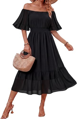 VAFOLY Off The Shoulder Dresses for Women：Feminine Spring Summer Casual Short Sleeve Dresses Boho Wedding Guest Dress Beach Vacation Formal Church Chiffon Cocktail Cruise Party Maxi Dress Black L
