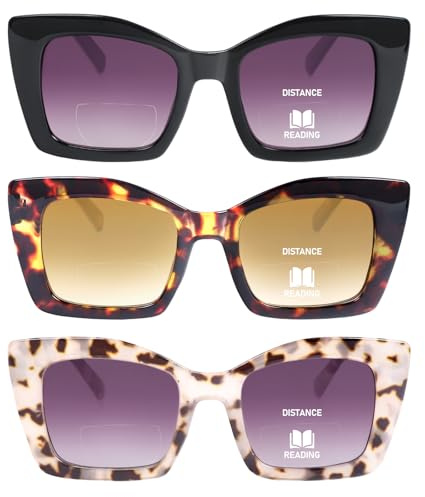 KoKoBin 3 Pack Occhiali da sole da Lettura da donna Oversized quadrati Occhiali da Lettura bifocali con cerniere a molla (Nero, Marrone leopardata, Grigia leopardata, 2, x)