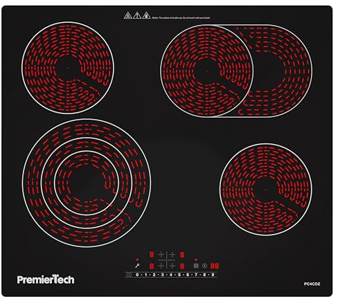 PremierTech Piano Cottura Incasso Vetroceramica Nero, 4 Zone 60cm, Display Led, Touch Control, Dual Zone, Timer, Blocco Sicurezza, Regolazione Livelli, PC4CDZ