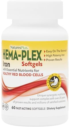 NaturesPlus Hema-Plex Iron - 60 Fast-Acting Softgels - 85 mg Iron + Vitamin C & Bioflavonoids for Healthy Red Blood Cells - Gluten Free - 20 Servings