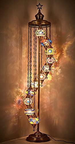 DEMMEX Lampada da Terra Mosaico Turco Marocchino a 11 Sfere, Alta 210 cm, Stile Tiffany Boho Decorativa con Sfere Colorate, Fatta a Mano in Turchia