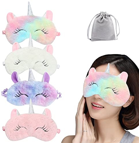 4 st söt sovmask, enhörning tecknad ögonmask för resor tupplur sömn lunchpaus övernattningsfest, mjuk plysch ögonbindel ögonskydd för kvinnor flickor barn