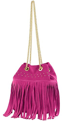 modamoda de T244 Damen Schultertasche Wildleder mit Fransen und Goldkette handmade in Italy, Farbe:Pink