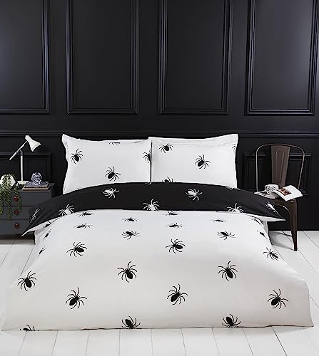 Rapport Home Double Duvet Cover Set - Black Spider Web Design, Reversible Monochrome Bedding - Soft Microfibre, Easy Care for Teen & Adult Bedrooms