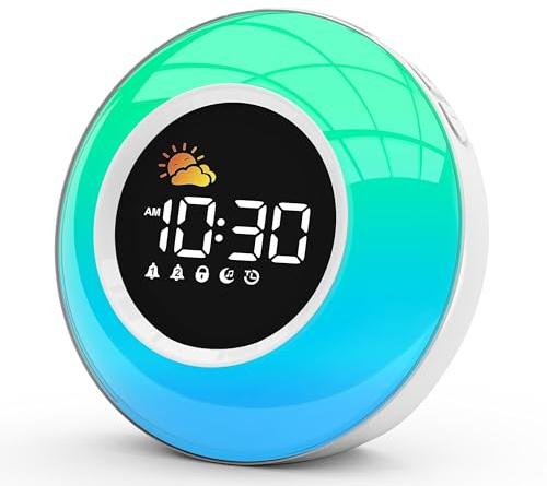 Barn väckarklocka, digital, sovtränare med nattlampa, ljusväckarklocka med 10 vita ljud, snooze och timer 15/30/60/90 mins, LED med ljus bordsklocka utan tick, presenter till flickor pojkar