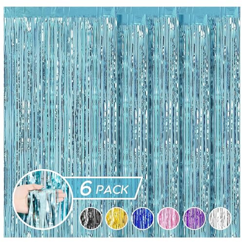 6 Stück Hellblau Lametta Vorhänge Hintergrund, Folie Fringe Vorhänge für Geburtstagsfeier/Hochzeit/Neujahr Party, Tür Fenster Hintergrund Foto Requisiten(1m x 2.5m)