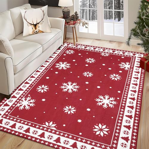 Enyhom Christmas Red Area Rug Non-shedding 122x182cm Snowflake Living Room Carpet Rugs Non Slip Short Pile Floor Mat Machine Washable Shaggy Soft Bedroom Area Carpet Rug for Home Decor
