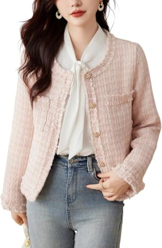 Veste élégante en Tweed pour Femme col Rond rétro Slim Veste Courte coréenne Tendance Business Casual Veste à Simple Boutonnage