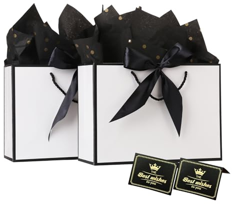 Gift Bags, 2PCS Medium Paper Gift Bags with Ribbon, 4 Tissue Paper, and 2 Greeting Cards, White with Black Frame Present Bags for Birthday Bridesmaid Wedding Party Christmas Gifts 28 x 10 x 20cm