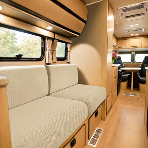 SYLC Caravan Seat Cover Stretch Jacquard, Non-slip RV Dinette Cushion Covers with 2 Straps, Couch Cushion Covers for Camper Sofa Bench (Beige,W 94-122 cm, D 26-40 cm)