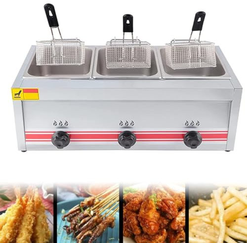 PGKTKCWH Friggitrice a Gas GPL Professionale, friggitrice Commerciale in Acciaio Inossidabile con cestelli e coperchi per friggitrice, per Cucina Domestica Commerciale, Triplo Cilindro 10L