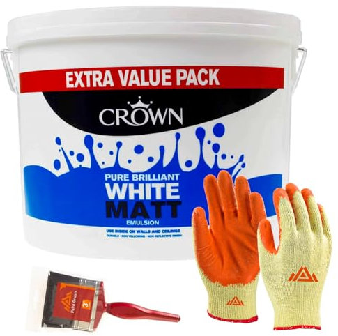 PERFECTONISH CROWN Matt Emulsion Paint 7.5L Pure Brilliant White Paint 3 PaintBrush & Safety Gloves