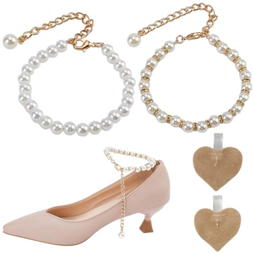 GORGECRAFT Pearl Beaded Anklet - Gold Adjustable Shoe Strap with Laces and Beads - Anti-Loose Detachable Band for High Heels, Flats, Sandals