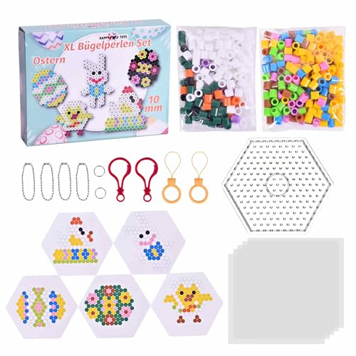 Max XL 10 mm strykpärlor set påsk, maxi pennplatta, färgglada strykpärlor, pappersmallar, strykpapper (maxi påsk) stora 10 mm XL pärlor för barn från 3 år. Happy Price Toys