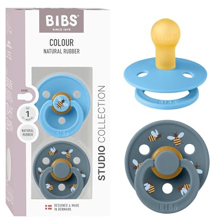 BIBS Colour Studio Soother 2-Pack, BPA Free Dummy Pacifier, Round Nipple. Natural Rubber Latex, Made in Denmark, Size 1 (0-6 Months), Breeze/Petrol