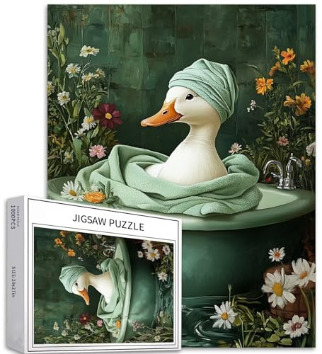 White Duck in Bathtub 1000 Piece Jigsaw Puzzles for Adults Funny Bathroom Scene Art Puzzle Colorful DIY Puzzles for Home Decoration Gifts Family Puzzle Perfect for Game Nights 20×27 Inches