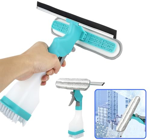 Limpiacristales Desmontable, Limpiador Cristales 4 en 1, Rasqueta Limpiacristales con Botella de Spray, Limpia Ventanas, Trapeador de Microfibra, para Ventanas, Duchas, Baños, Cocinas