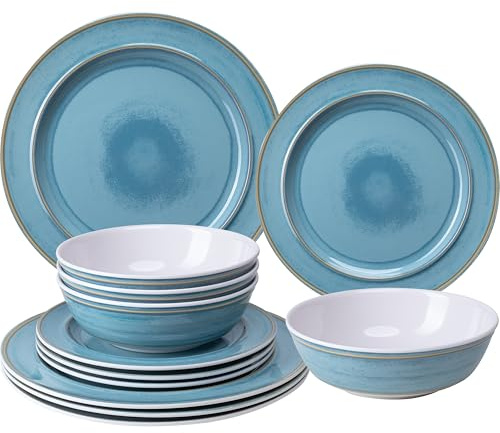 ZAROCRUS 12 Piece Melamine Dinnerware Sets, Dinner Dishes Set, Plates and Bowls Sets, Service for 4, Indoor and Outdoor Use, Lightweight Unbreakable,Dishwasher Safe