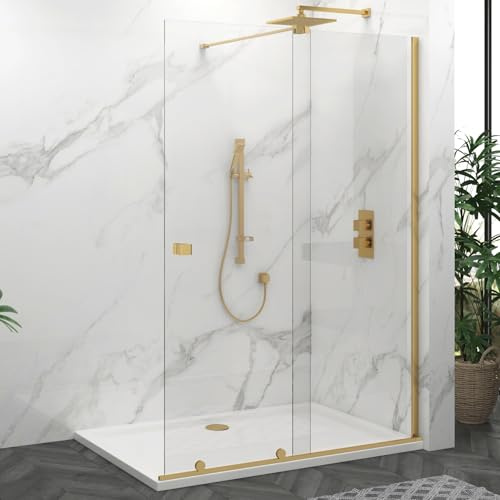 Luton 1300mm Brushed Brass Walk in Sliding Shower Door Screen for Wet Room Cubicle Enclosures 8mm Toughened Safety Glass - 1950mm Tall