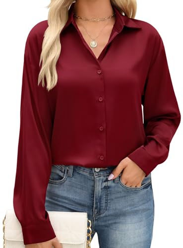 CMTOP Camicia Donna Camicetta Manica Lunga Raso Blusa Elegante Scollo a V Camicie Loose Bottoni Tunica Primavera Autunno Shirt Top Tinta Unita Basic Maglietta (Bordeaux, M)
