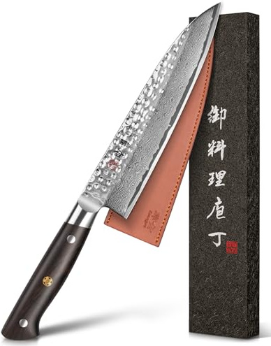 Kanngou Coltello Giapponese Damas 21 cm Coltello Gyuto in Acciaio Damasco 67 Strati, Manico in Legno di Ebano Piena Seta, Coltello da Cucina Professionale con Cofanetto Regalo Premium