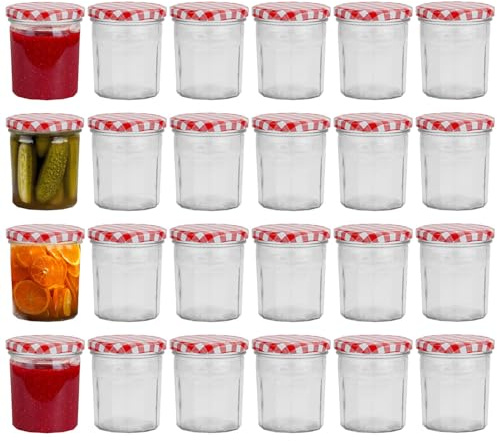 UNIQUE HOME LIVING Glass Jam Jars Set of 24, Wide Mouth 300ml Glass Preserve Jar with Screw Top Red Gingham Lids, Airtight Jars for Homemade Jam, Pickles, Marmalade, Chutneys, Honey Jar
