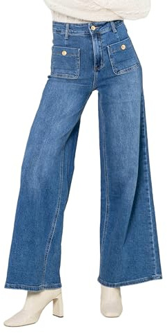 Nina Carter YY308 Jean pour femme à jambe large – Pantalon taille haute avec poches plaquées vintage, coupe large extensible, M mince