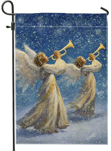 Angels - Bandiera da giardino, motivo trombe celesti, neve, blu su entrambi i lati, per esterni, patio, prato, portico anteriore, balcone, 30,5 x 45,7 cm