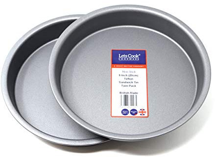 Lets Cook Cookware - 8 Inch Victoria Sandwich Tins, Twin Pack (Set of 2), Fixed Base, 20cm, Teflon Non Stick, British Made