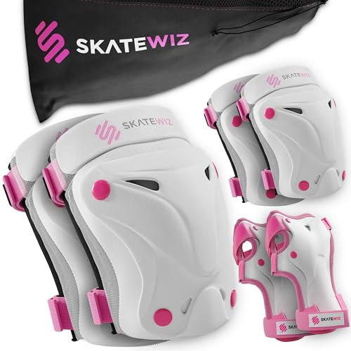 SKATEWIZ Knieschoner Kinder Schoner Inliner - Protektoren Set [6er] - Knie und Ellenbogenschützer - Schonerset für Skateboard und Inline Skating - PROTECT-1 Pink White Größe M