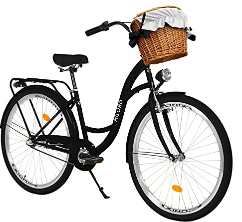 MILORD Bicicleta de Confort Negro de 3 Velocidad y 28 Pulgadas con Cesta y Soporte Trasero, Bicicleta Holandesa, Bicicleta para Mujer, Bicicleta Urbana, Retro, Vintage