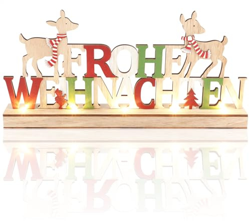 com-four® LED Deko Aufsteller aus Holz - beleuchteter Schriftzug auf Holzsockel - Deko-Schriftzug zum Hinstellen für Weihnachten - Stimmungslicht mit Timer (Rentiere - bunt)