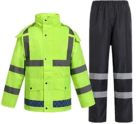 MISSMAO Erwachsenen Regenjacke Arbeit 2 Stücke Regenanzug Wasserdicht Atmungsaktiv Reflektierend Sicherheitsjacke und Regenhose Warnschutz Regenbekleidung Grün Schwarz XXL