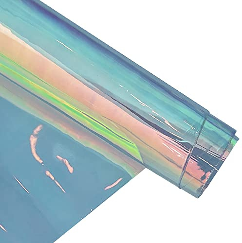 30x135cm Holographic Clear PVC Vinyl Fabric 0.4mm Iridescent Laser Transparent Rainbow Film for DIY Hair Clips Patchwork Craft Supplies (Light Blue)