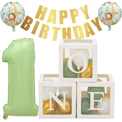 Scatole per decorazioni per la prima festa di compleanno per ragazzi, 3 scatole di palloncini con 30 palloncini verdi e oro bianchi Una banner dorata rosa, decorazioni per la prima festa di compleanno