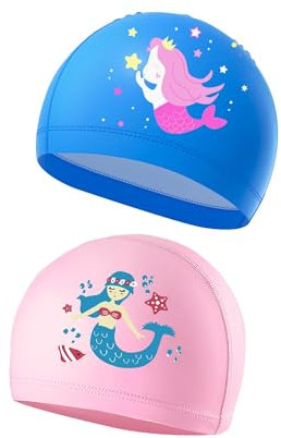 PAEHUIMT Kinder Badekappe, 2 Stück, für Mädchen 4-9 Jahre, Cartoon-Badekappe (Rosa & blau)