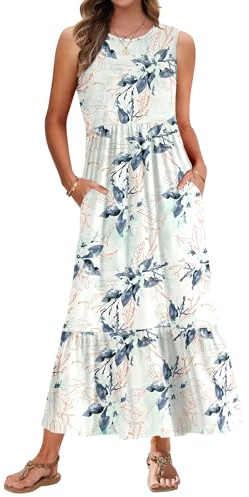 AUSELILY Summer Dresses for Women UK Sleeveless Maxi Ladies Beach Coverups Tiered Long Sun Dress with Pockets White Green Flower XL